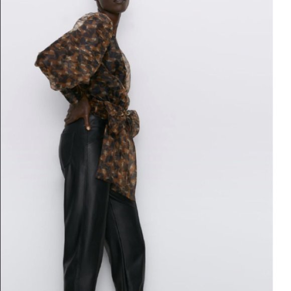 ZARA brown black printed organza blouse BISHOP SLEEVES bow NWT - Picture 6 of 7